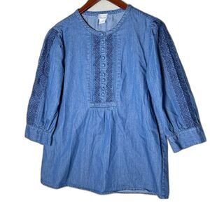 Chicos Chambray Embroidered Denim Tunic Top Blue Boho Peasant Blouse Sz 1 8/10